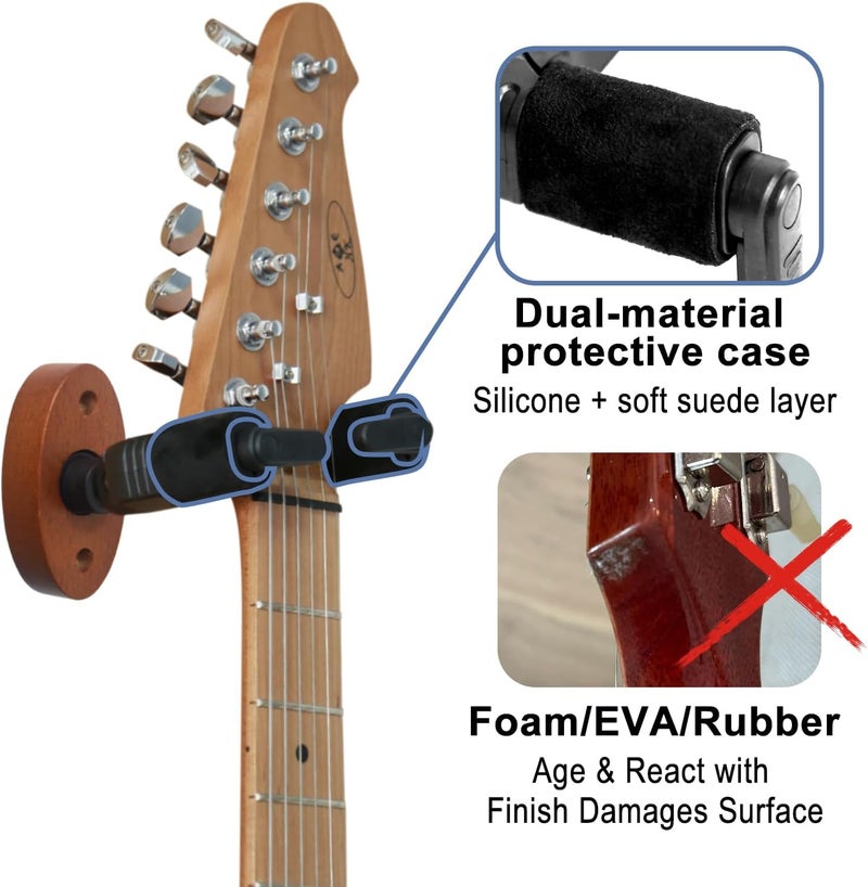 AUPHY 2-Pack Guitar Wall Hanger, Auto-Lock Guitar Wall Mount with Nitro-Safe Velvet, Universal Holder for Acoustic/Electric/Bass Guitars - Wall Guitar Mount Value Set (Wood Red) - Image 2